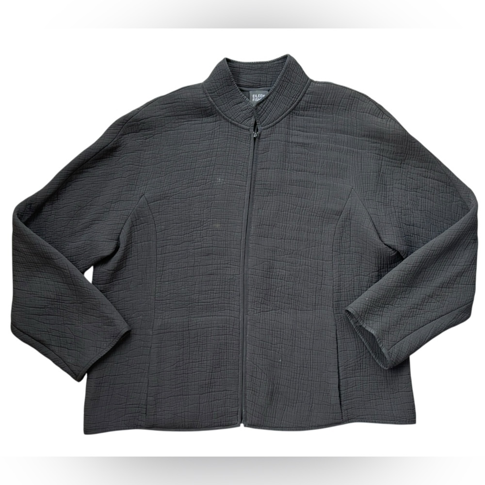 Eileen Fisher Women's Black Silk & Rayon Zip-Up Textured‎ Jacket Size Large